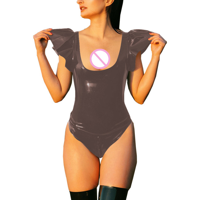 Summer Shiny Patent Leather Bodysuits Women Open Crotch Fetish High Cut Bodycon Faux Latex Rompers Female Sexy Nightclub Outfits