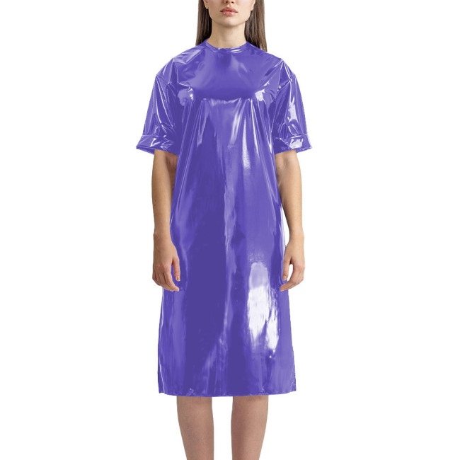 Fashion Vinyl PVC Leather T-shirt Dress Latex-look Short Sleeve Long T-Shirt Women Straight Knee-length Casual Dress Streetwear