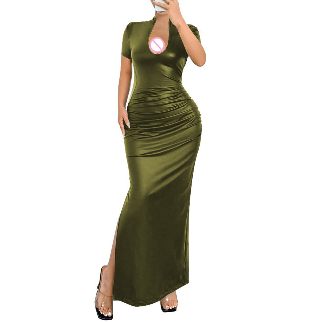 Ladies Elegant Deep V-Neck Long Dress Womens Streetwear Elastic PU Slim Fit Maxi Dress Female Sexy Short Sleeve Split Vestidos