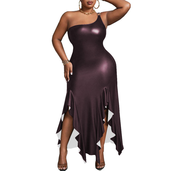 Elegant Wetlook PU Leather Sleeveless Irregular Long  Dress for Women Matte Off Shoulder Slim Fit  A-line Sexy Dress Party Club