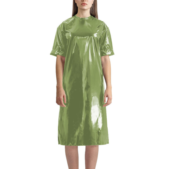 Fashion Vinyl PVC Leather T-shirt Dress Latex-look Short Sleeve Long T-Shirt Women Straight Knee-length Casual Dress Streetwear
