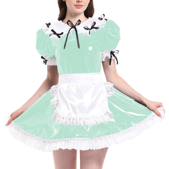 Sissy Puff Short Sleeve French Maid Uniforms Wet Look PVC Leather Servant Maid Dress with Apron Lolita Cosplay Teddy Babydoll