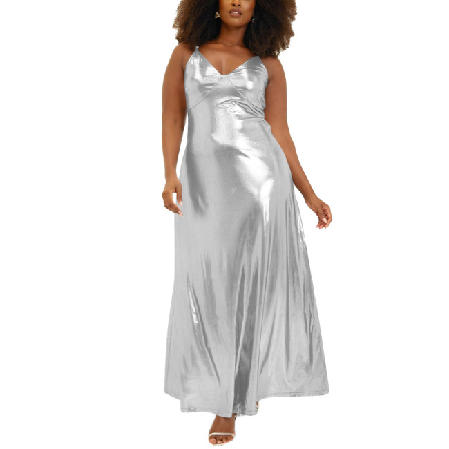 Women Wetlook Spaghetti Strap Casual Summer Dress Liquid Metallic Clothing Fashion Slim Waist A-line Long Dress Club Cocktail
