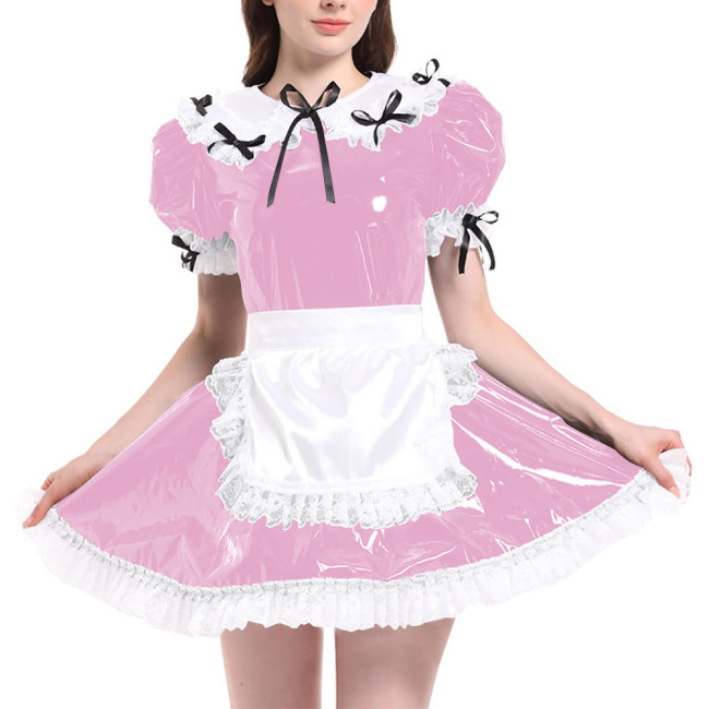 Sissy Puff Short Sleeve French Maid Uniforms Wet Look PVC Leather Servant Maid Dress with Apron Lolita Cosplay Teddy Babydoll