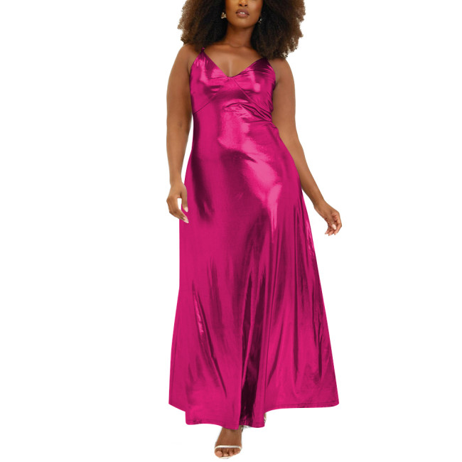 Women Wetlook Spaghetti Strap Casual Summer Dress Liquid Metallic Clothing Fashion Slim Waist A-line Long Dress Club Cocktail