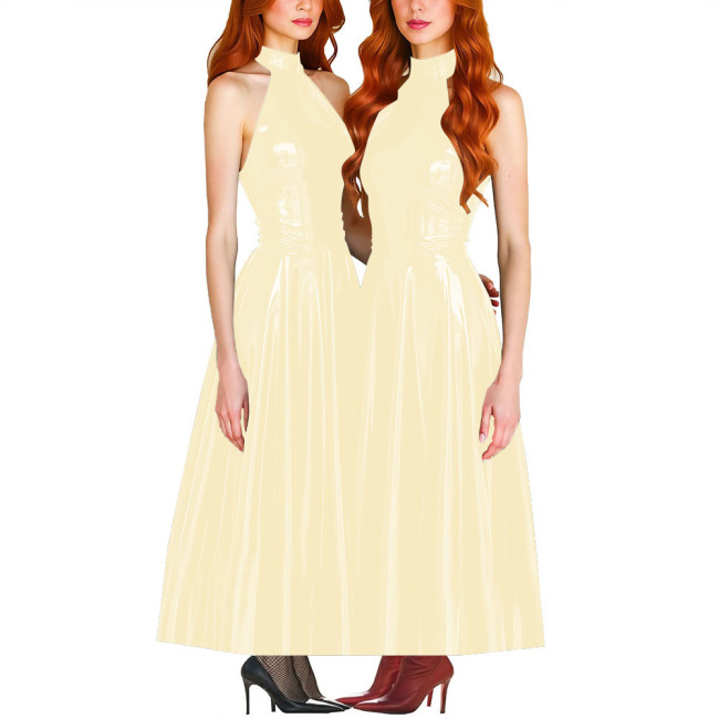 Elegance Pleated Maxi Dress for Women PVC Leather Sleeveless Slim Fit A-line Long Dress Ball Gowns Sexy Women Clothing Vestido