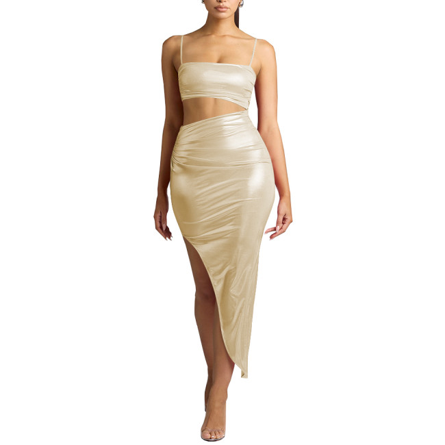 Women Wetlook Summer Spaghetti Strap Midi Dress Shiny Sexy Club Party Dress Ladies Hollow Out Bodycon Faux Leather Dress Vestido