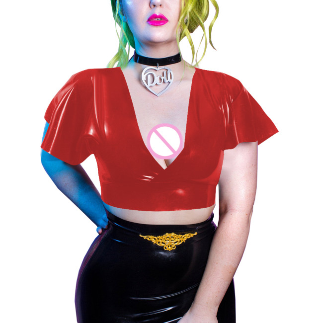 Goth Girls Deep V-neck Bodycon Short Sleeve Vinyl PVC Leather Summer Women Clothing Sexy Club Slim Solid Crop Tops Daily Wearng