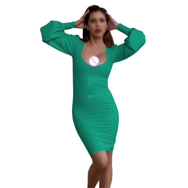Women's Sexy Deep U-neck Mini Dress Nightclub Solid Color Long Sleeve PVC Tight Dress Wetlook Patent Leather Club Party Dresses