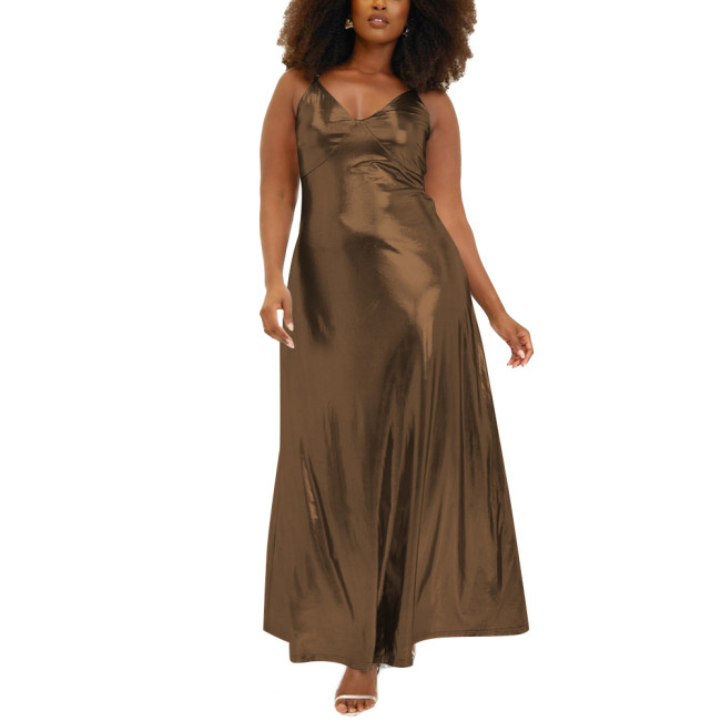 Women Wetlook Spaghetti Strap Casual Summer Dress Liquid Metallic Clothing Fashion Slim Waist A-line Long Dress Club Cocktail
