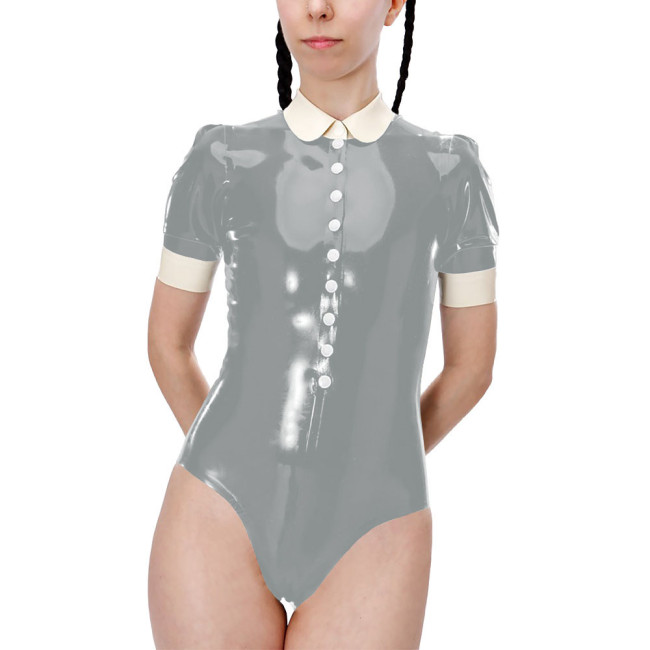Fetish Short Sleeve High Cut Lingerie Sexy Bodysuit Shiny PVC Leather Turn-down Collar Button One-pieces Bodysuit Sexy Costume