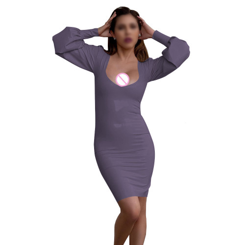 Women's Sexy Deep U-neck Mini Dress Nightclub Solid Color Long Sleeve PVC Tight Dress Wetlook Patent Leather Club Party Dresses