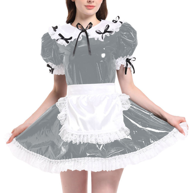 Sissy Puff Short Sleeve French Maid Uniforms Wet Look PVC Leather Servant Maid Dress with Apron Lolita Cosplay Teddy Babydoll