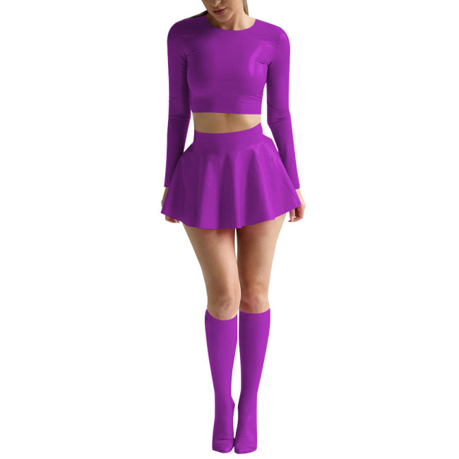Womens Sexy Shiny PVC Leather Nightclub Outfit Solid Long Sleeve Crop Tops with Mini Skirt Stockings Wetlook Pole Dance Clubwear