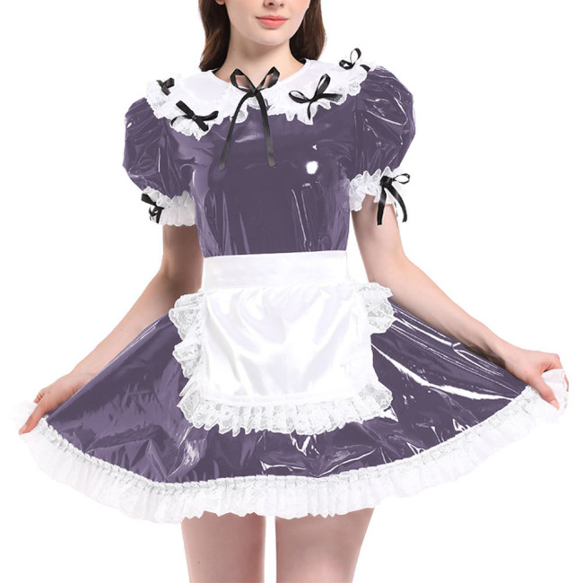 Sissy Puff Short Sleeve French Maid Uniforms Wet Look PVC Leather Servant Maid Dress with Apron Lolita Cosplay Teddy Babydoll
