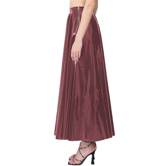 Elegance Long Pleated Skirt Women Candy Color Stretchy Maxi Skirts PVC Leather Side Zipper Casual Red Long Skirts Daily Wearbwear