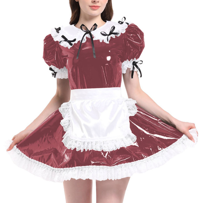 Sissy Puff Short Sleeve French Maid Uniforms Wet Look PVC Leather Servant Maid Dress with Apron Lolita Cosplay Teddy Babydoll