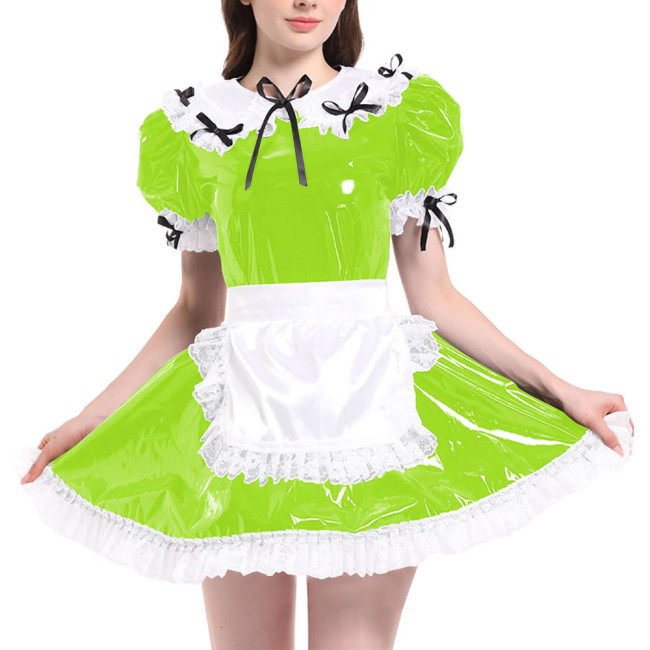 Sissy Puff Short Sleeve French Maid Uniforms Wet Look PVC Leather Servant Maid Dress with Apron Lolita Cosplay Teddy Babydoll