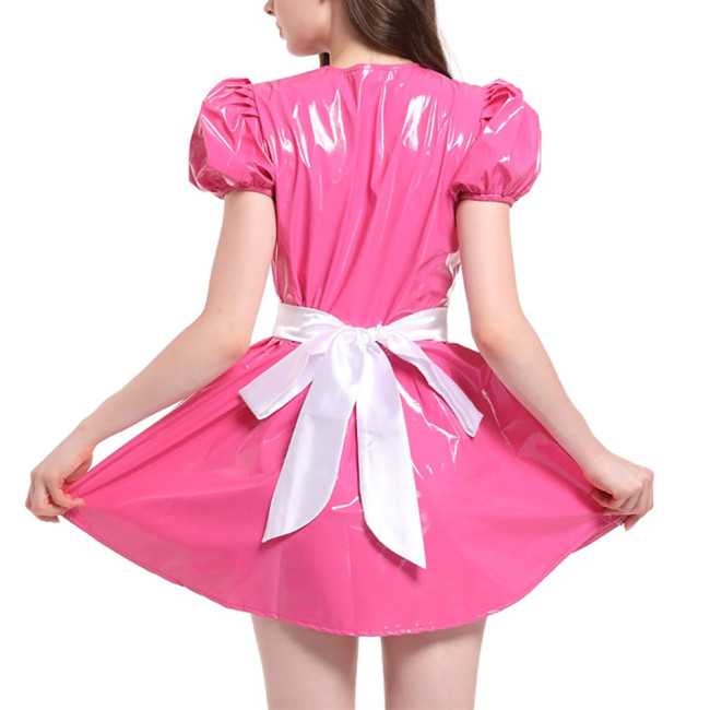 French Maid Outfit Puff Short Sleeve Mini Dress with Apron PVC Leather Sweet Kawaii Maid Cosplay Costume Maid Cross Dressing Set