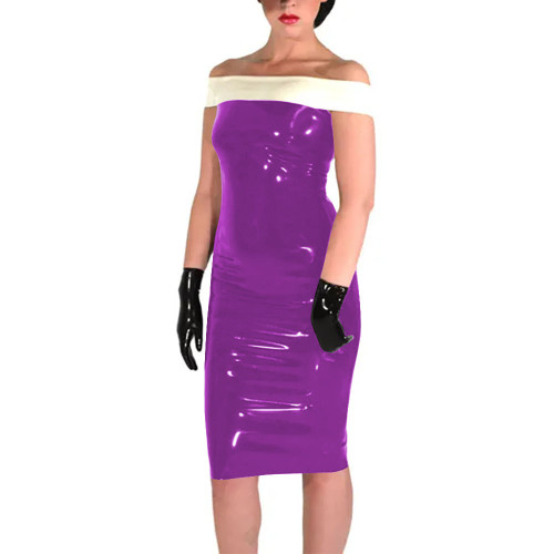 New Fashion Patchwork White Slim Fit Dress Shiny PVC Leather Slash Neck Bodycon Midi Dress Office Lady Back Zipper Sexy Dress