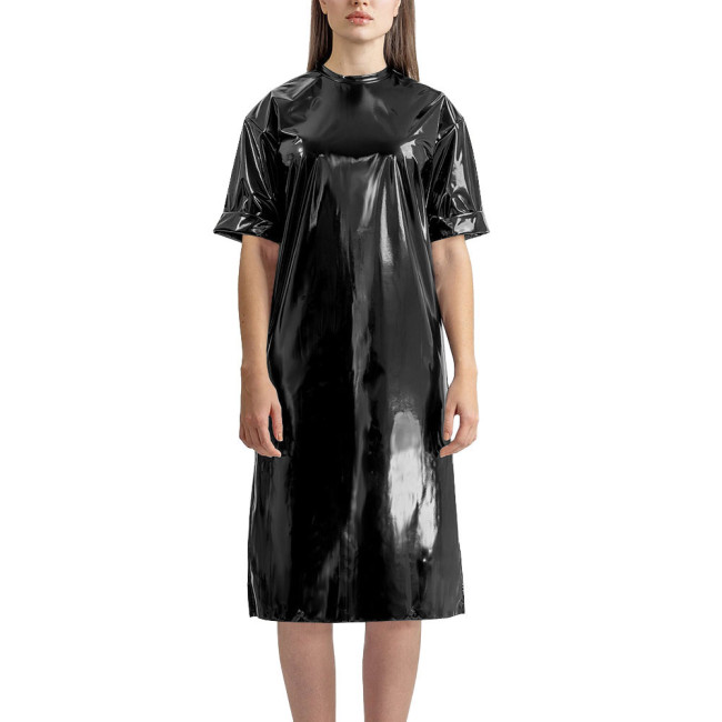 Fashion Vinyl PVC Leather T-shirt Dress Latex-look Short Sleeve Long T-Shirt Women Straight Knee-length Casual Dress Streetwear
