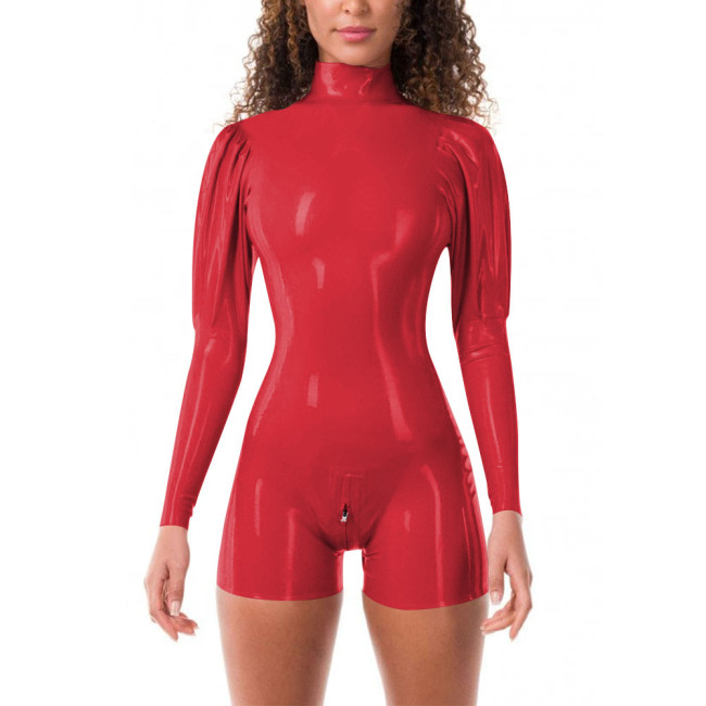 Glossy PVC Womens One-Piece Short Jumpsuit Zippered Open Crotch Tight Latex-look Turtleneck Rompers Fashionable Sexy Streetwear