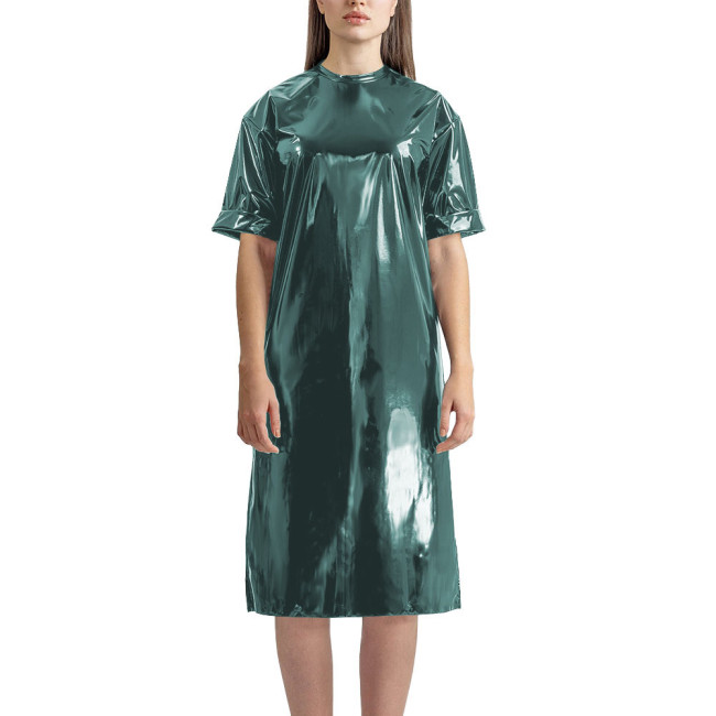 Fashion Vinyl PVC Leather T-shirt Dress Latex-look Short Sleeve Long T-Shirt Women Straight Knee-length Casual Dress Streetwear