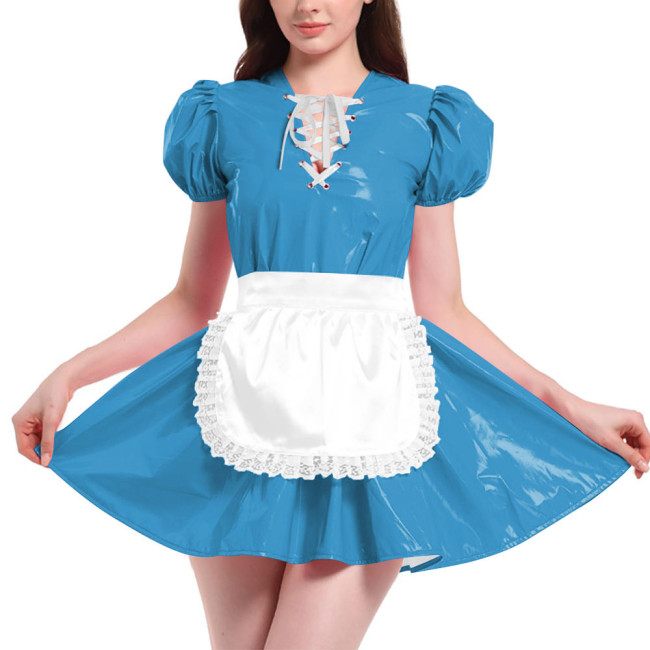 French Maid Outfit Puff Short Sleeve Mini Dress with Apron PVC Leather Sweet Kawaii Maid Cosplay Costume Maid Cross Dressing Set