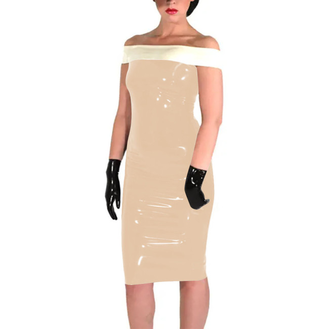 New Fashion Patchwork White Slim Fit Dress Shiny PVC Leather Slash Neck Bodycon Midi Dress Office Lady Back Zipper Sexy Dress