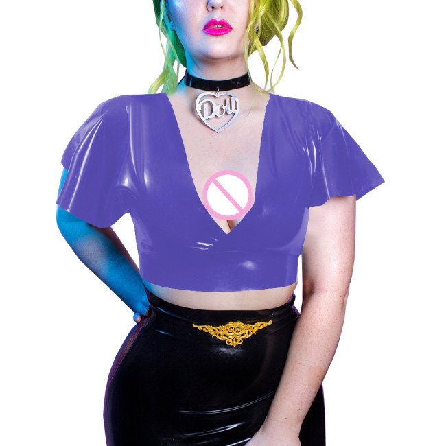 Goth Girls Deep V-neck Bodycon Short Sleeve Vinyl PVC Leather Summer Women Clothing Sexy Club Slim Solid Crop Tops Daily Wearng