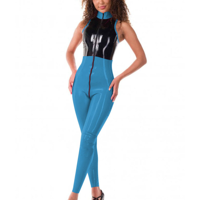Womens Front Zipper Jumpsuit Wetlook Patent Leather Sleeveless Patchwork Catsuit Glossy Role Play Romper Clubwear Sissy Lingerie
