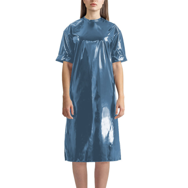 Fashion Vinyl PVC Leather T-shirt Dress Latex-look Short Sleeve Long T-Shirt Women Straight Knee-length Casual Dress Streetwear