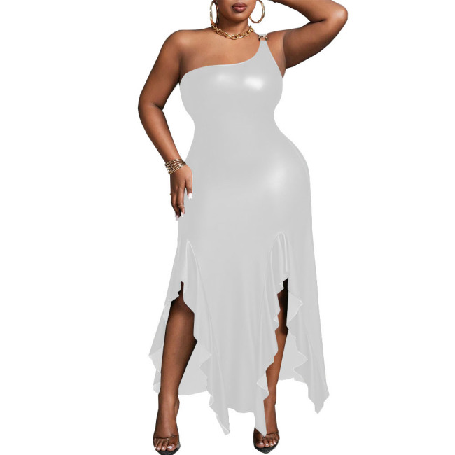 Elegant Wetlook PU Leather Sleeveless Irregular Long  Dress for Women Matte Off Shoulder Slim Fit  A-line Sexy Dress Party Club