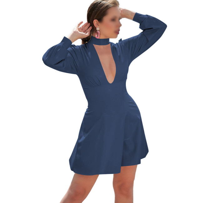 Long Sleeve Solid Color PVC Leather Mini Dress for Women Mock Neck Hollow Out Dress Sissy Sexy Club Party Short Dress Streetwear