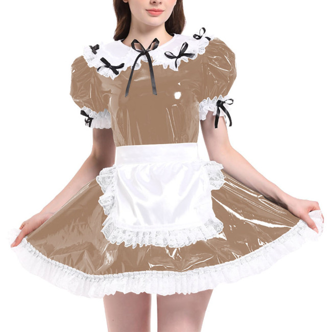 Sissy Puff Short Sleeve French Maid Uniforms Wet Look PVC Leather Servant Maid Dress with Apron Lolita Cosplay Teddy Babydoll