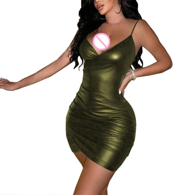 Hotties V-Neck Bodycon Cami Dress Matte PU Leather Sleeveless Nightclub Dress Evening Party Mini Spaghetti Strap Dress Clubwear