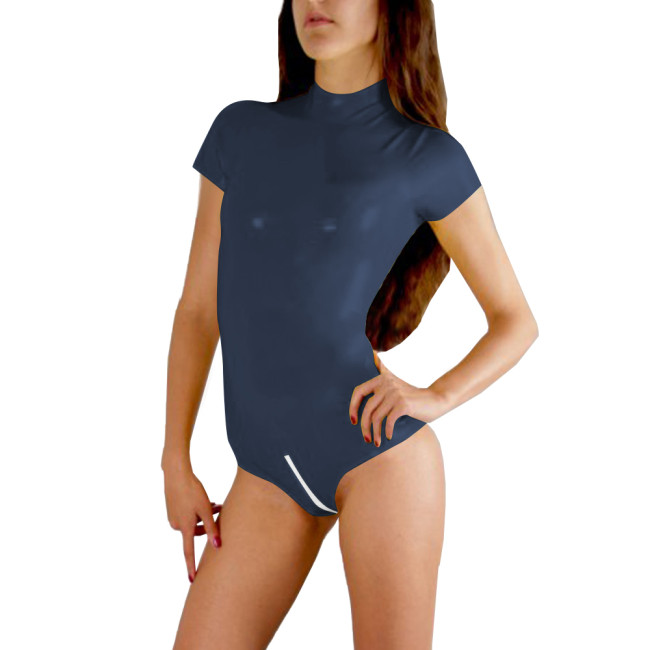 Sissy Sexy Mock Neck Bodycon Backless Tops for Women Solid Color Short Sleeve Bodysuits Faux Latex Open Crotch Rompers Femalepers Plus Size