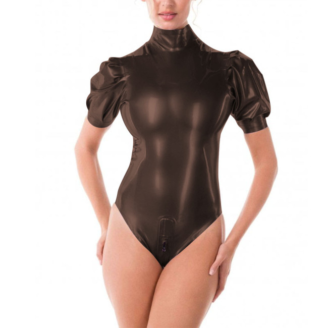 Sissy Sexy Bodysuit Lingerie PVC Leather Bodysuits for Women Puff Sleeve Zipper Open Crotch Faux Latex Bodysuits Festival Outfits Size