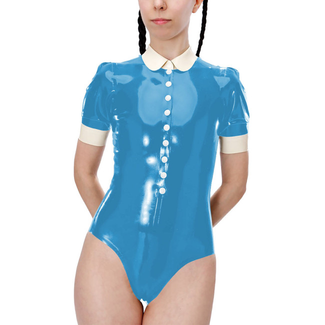 Fetish Short Sleeve High Cut Lingerie Sexy Bodysuit Shiny PVC Leather Turn-down Collar Button One-pieces Bodysuit Sexy Costume