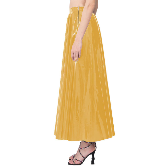 Elegance Long Pleated Skirt Women Candy Color Stretchy Maxi Skirts PVC Leather Side Zipper Casual Red Long Skirts Daily Wearbwear
