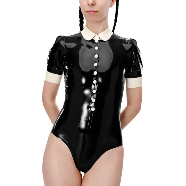 Fetish Short Sleeve High Cut Lingerie Sexy Bodysuit Shiny PVC Leather Turn-down Collar Button One-pieces Bodysuit Sexy Costume