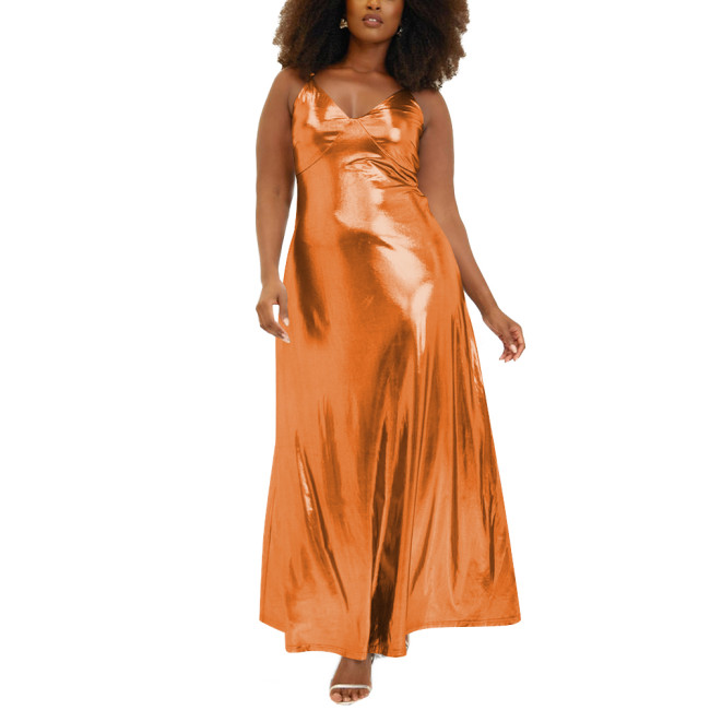 Women Wetlook Spaghetti Strap Casual Summer Dress Liquid Metallic Clothing Fashion Slim Waist A-line Long Dress Club Cocktail