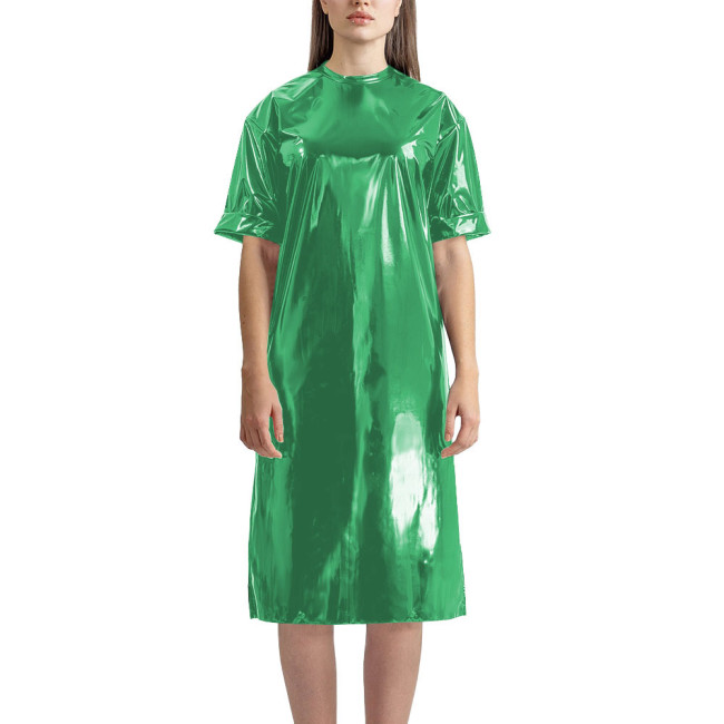 Fashion Vinyl PVC Leather T-shirt Dress Latex-look Short Sleeve Long T-Shirt Women Straight Knee-length Casual Dress Streetwear