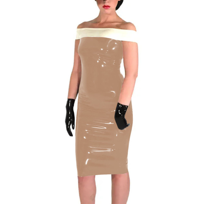 New Fashion Patchwork White Slim Fit Dress Shiny PVC Leather Slash Neck Bodycon Midi Dress Office Lady Back Zipper Sexy Dress