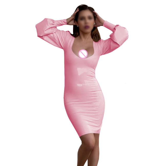 Women's Sexy Deep U-neck Mini Dress Nightclub Solid Color Long Sleeve PVC Tight Dress Wetlook Patent Leather Club Party Dresses
