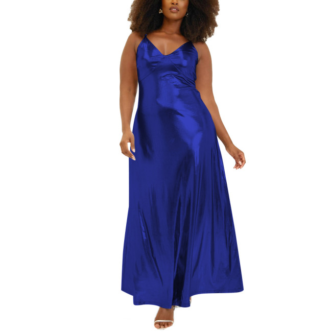Women Wetlook Spaghetti Strap Casual Summer Dress Liquid Metallic Clothing Fashion Slim Waist A-line Long Dress Club Cocktail