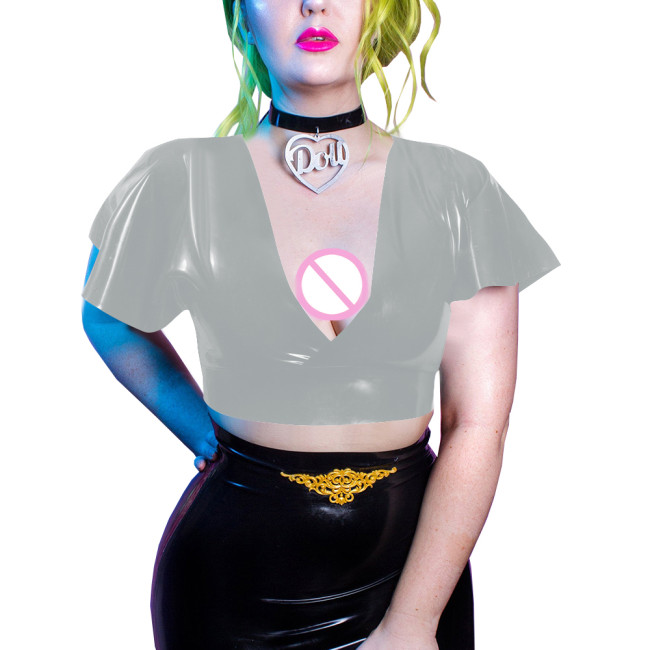 Goth Girls Deep V-neck Bodycon Short Sleeve Vinyl PVC Leather Summer Women Clothing Sexy Club Slim Solid Crop Tops Daily Wearng