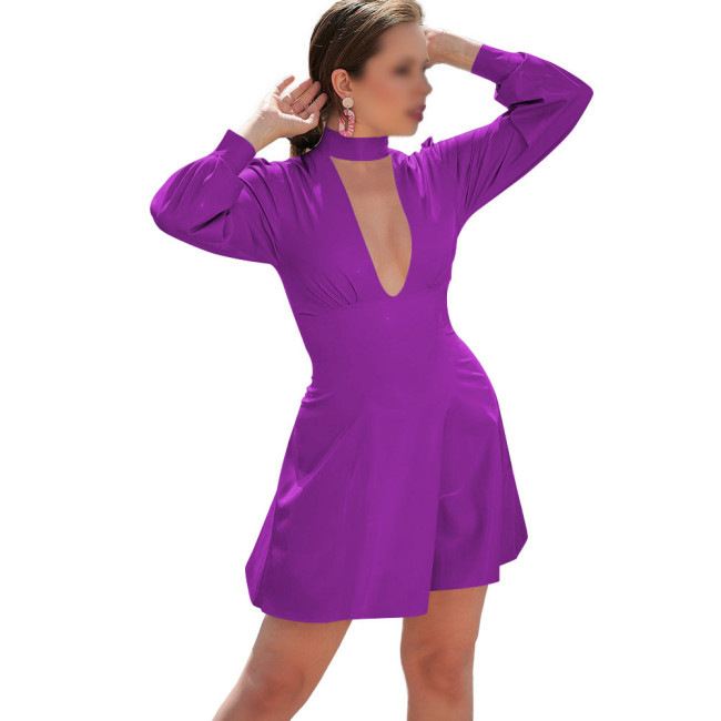 Long Sleeve Solid Color PVC Leather Mini Dress for Women Mock Neck Hollow Out Dress Sissy Sexy Club Party Short Dress Streetwear