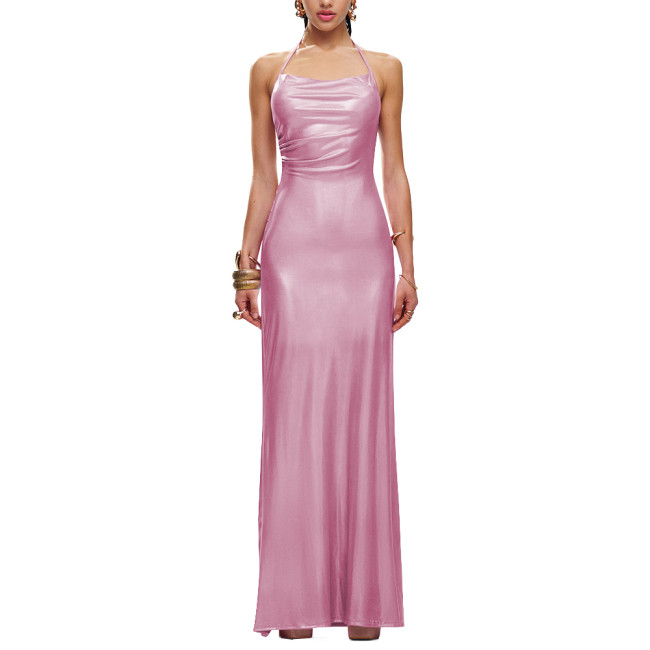 Sexy Halter Formal Party Long Summer Dress Liquid Metallic Women Sleeveless Slim Fit Hip Wrap Maxi Dress Elegant Cocktail Gownng Dress