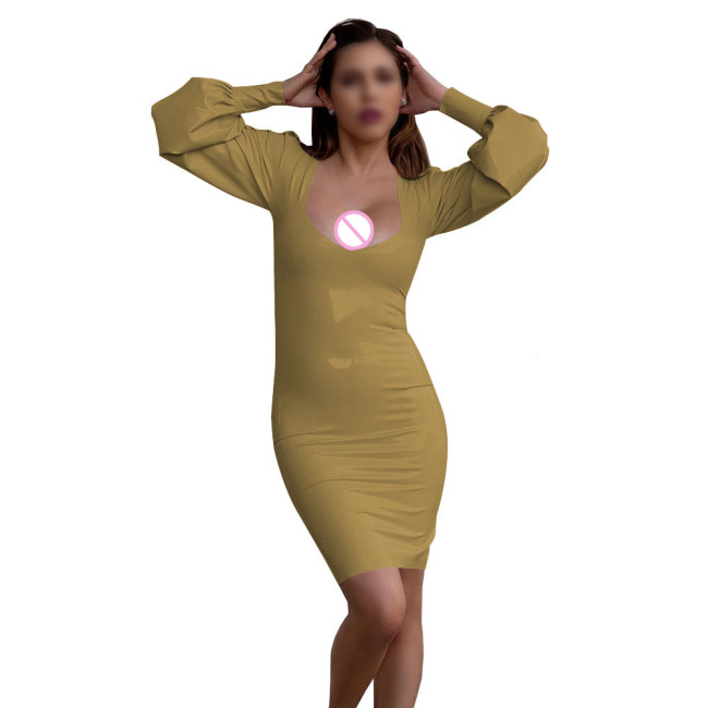 Women's Sexy Deep U-neck Mini Dress Nightclub Solid Color Long Sleeve PVC Tight Dress Wetlook Patent Leather Club Party Dresses